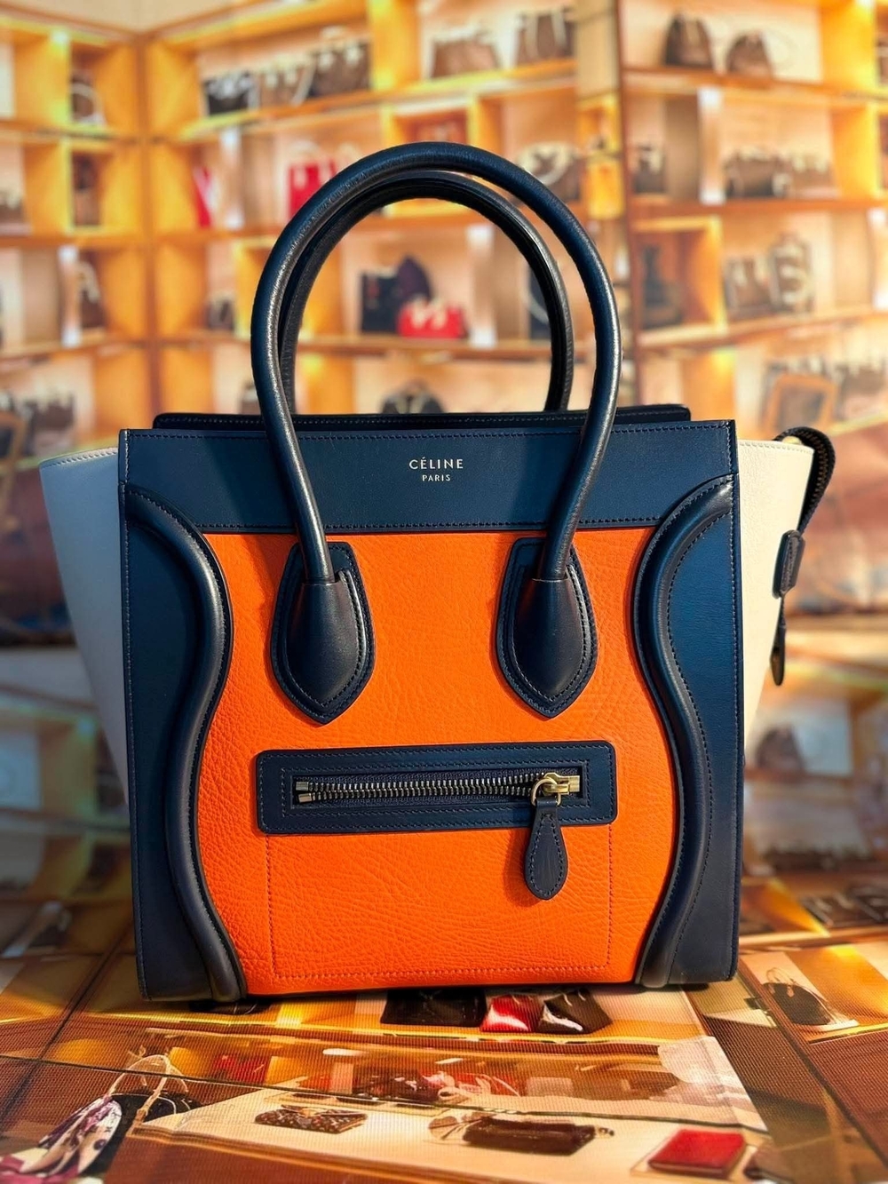 Celine Cream, Orange and Black Leather Tote - Picture 6 of 8